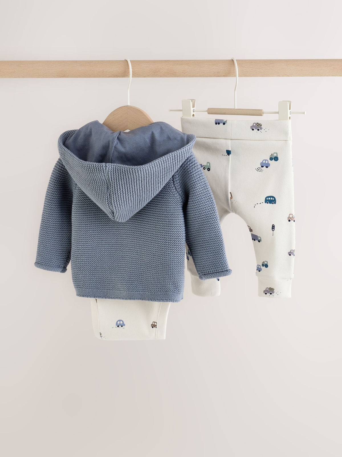 Blue Transport Baby Knitted Cardigan, Bodysuit and Leggings Set (0mths-2yrs)