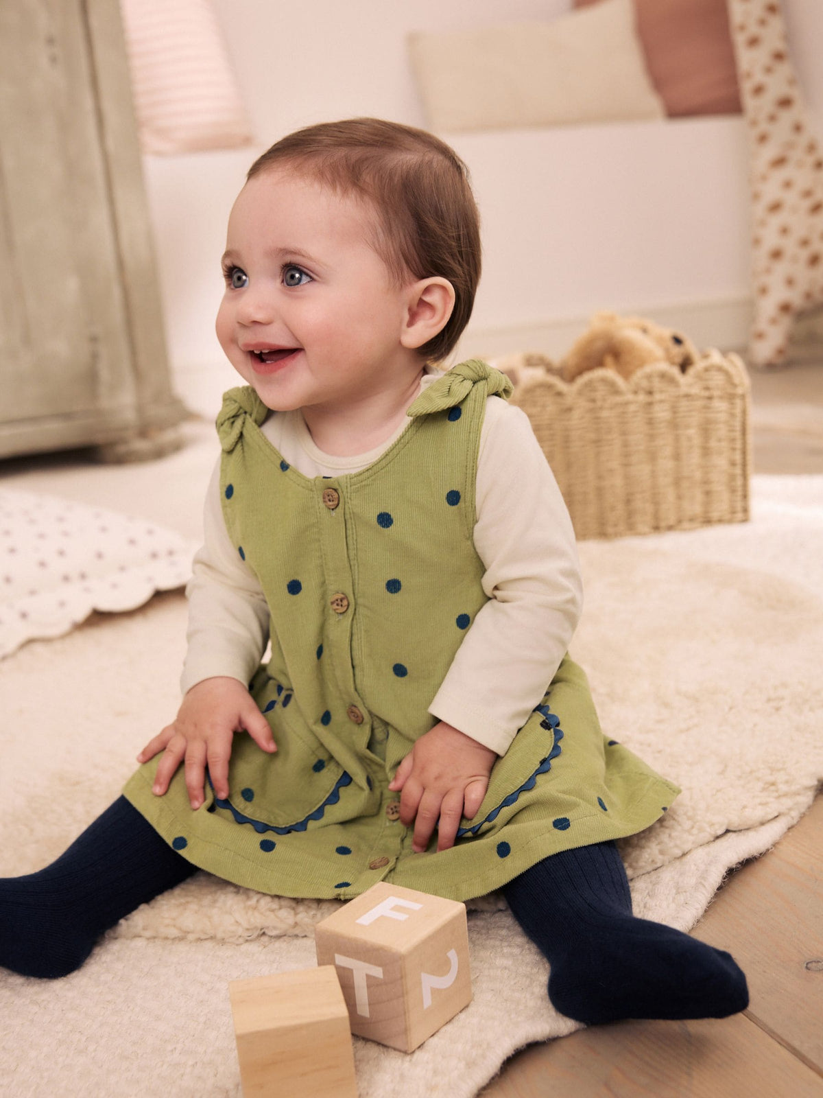 Green Spot Baby Pinafore Long Sleeve Bodysuit And Tights 3 Piece Set (0mths-2yrs)