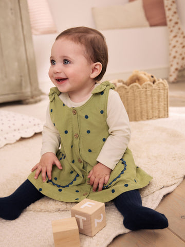Green Spot Baby Pinafore Long Sleeve Bodysuit And Tights 3 Piece Set (0mths-2yrs)