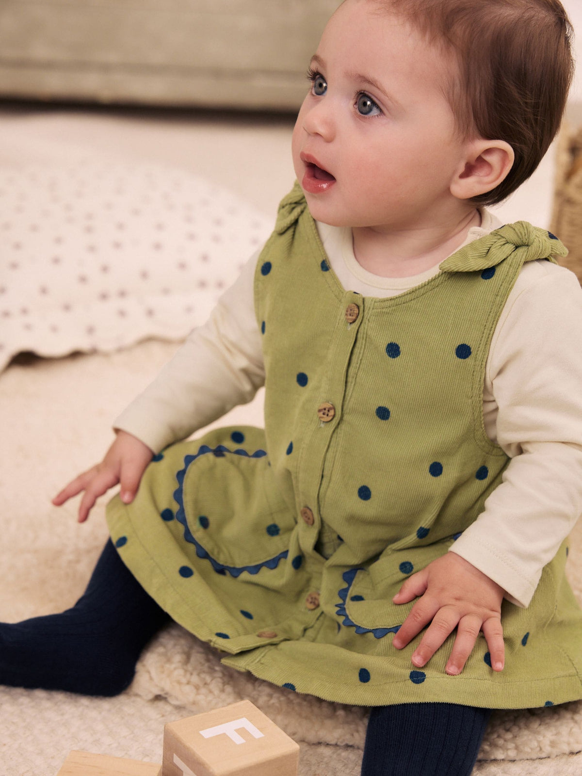 Green Spot Baby Pinafore Long Sleeve Bodysuit And Tights 3 Piece Set (0mths-2yrs)