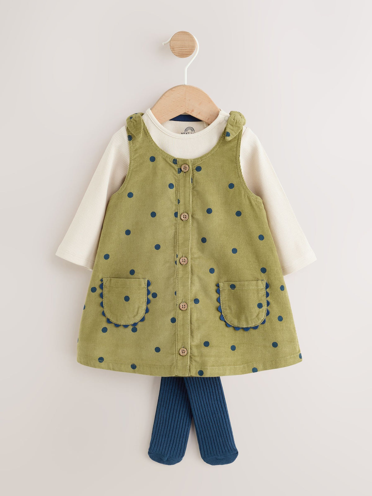 Green Spot Baby Pinafore Long Sleeve Bodysuit And Tights 3 Piece Set (0mths-2yrs)