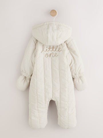 Cream Little One Back Slogan Quilted Nylon Pramsuit
