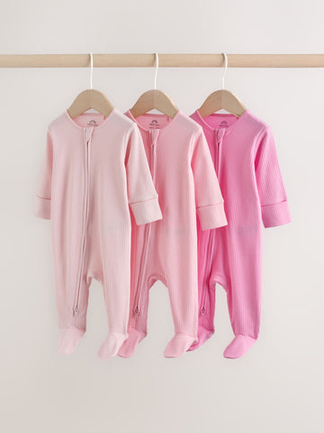 Pink Two Way Zip Baby Sleepsuits 3 Pack (0-2yrs)