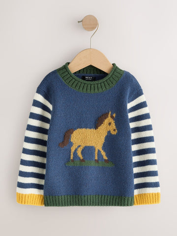 Navy Blue Horse Character Knitted Crew Neck Jumper (3mths-7yrs)