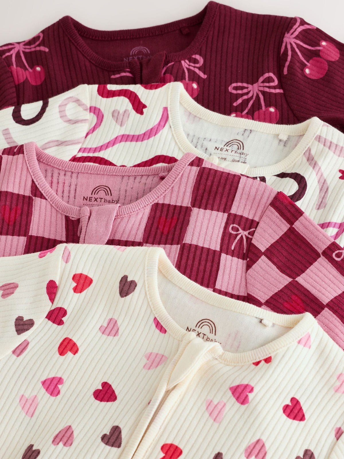 Berry Bow Two Way Zip Baby Sleepsuits 4 Pack (0mths-3yrs)