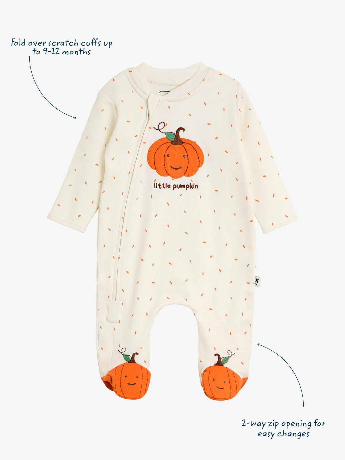 JoJo Maman Bébé Cream Speckled Pumpkin Appliqué Sleepsuit & Hat Set