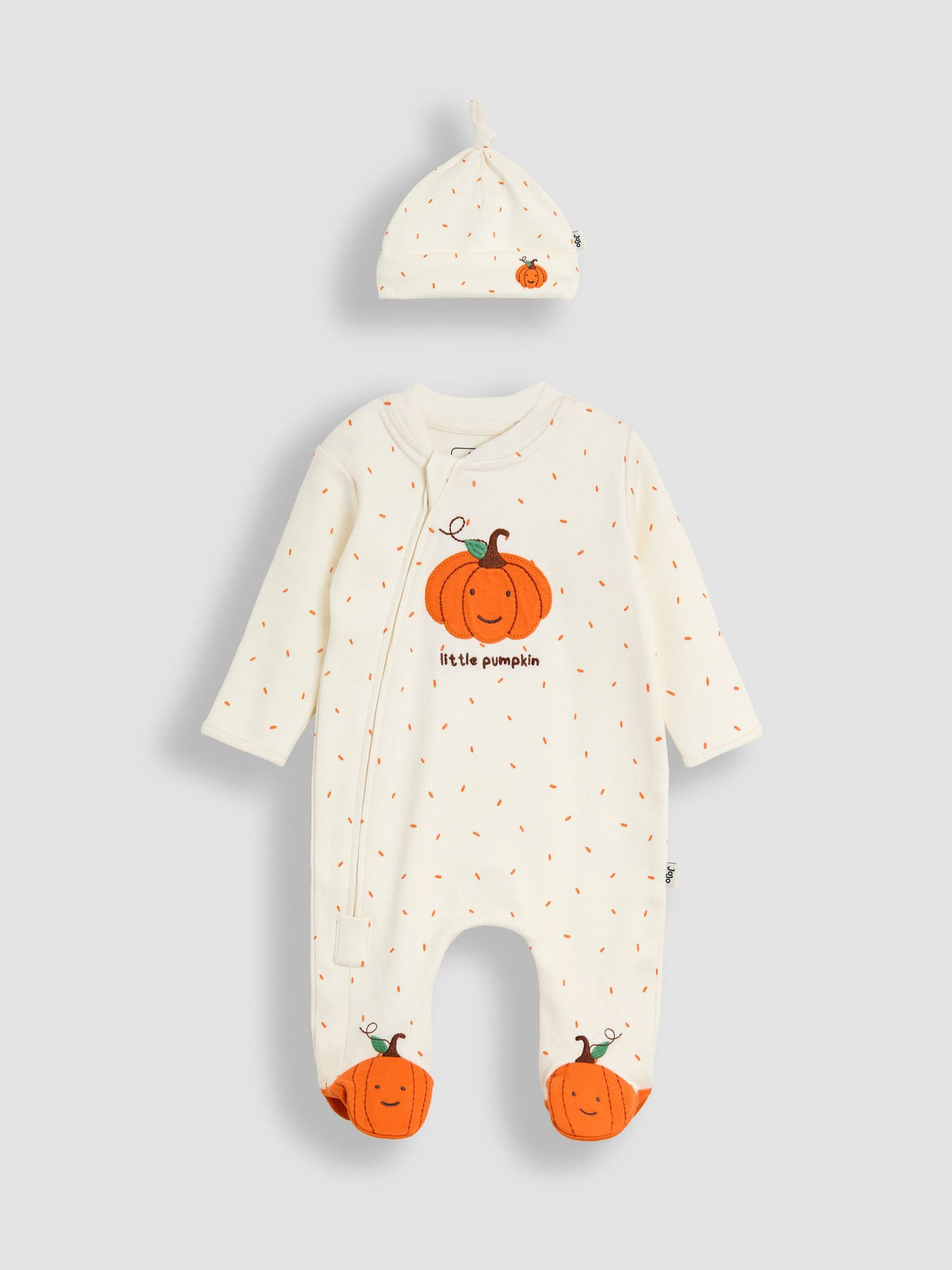 JoJo Maman Bébé Cream Speckled Pumpkin Appliqué Sleepsuit & Hat Set