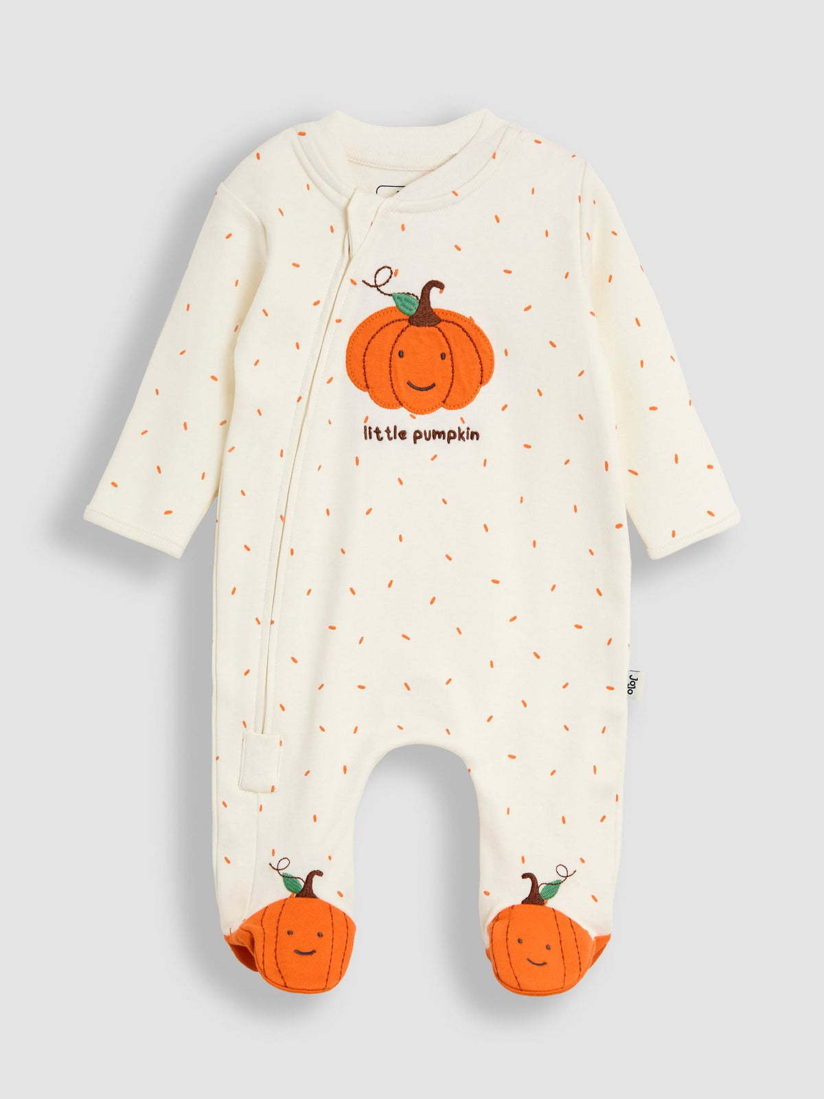 JoJo Maman Bébé Cream Speckled Pumpkin Appliqué Sleepsuit & Hat Set