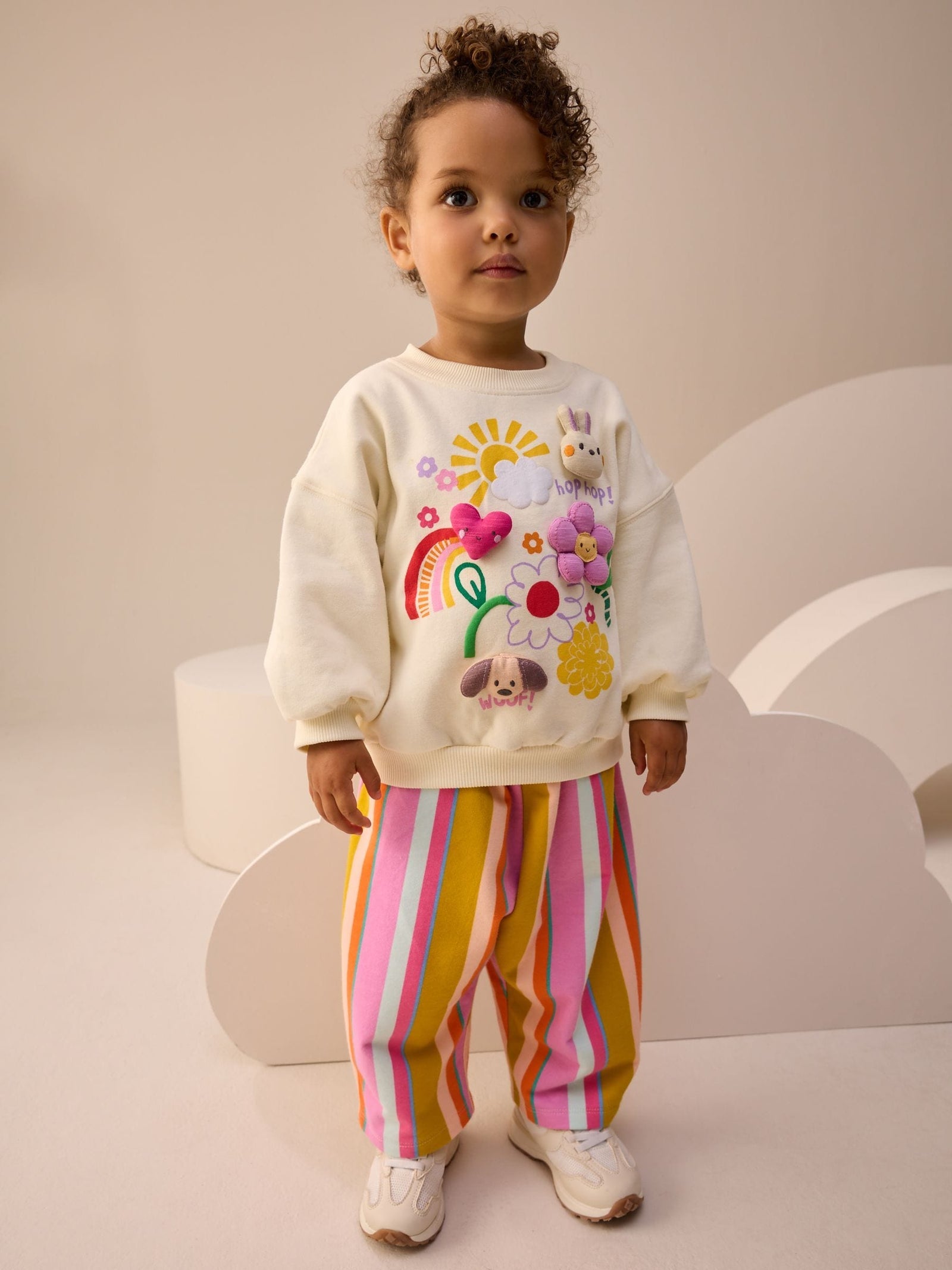 Cream Stripe Padded Characters Sweatshirt and Barrel Leg Joggers Set (3mths-7yrs)