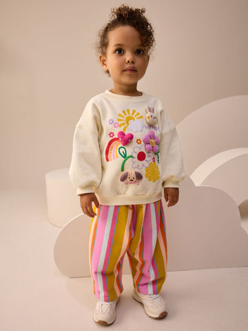 Cream Stripe Padded Characters Sweatshirt and Barrel Leg Joggers Set (3mths-7yrs)