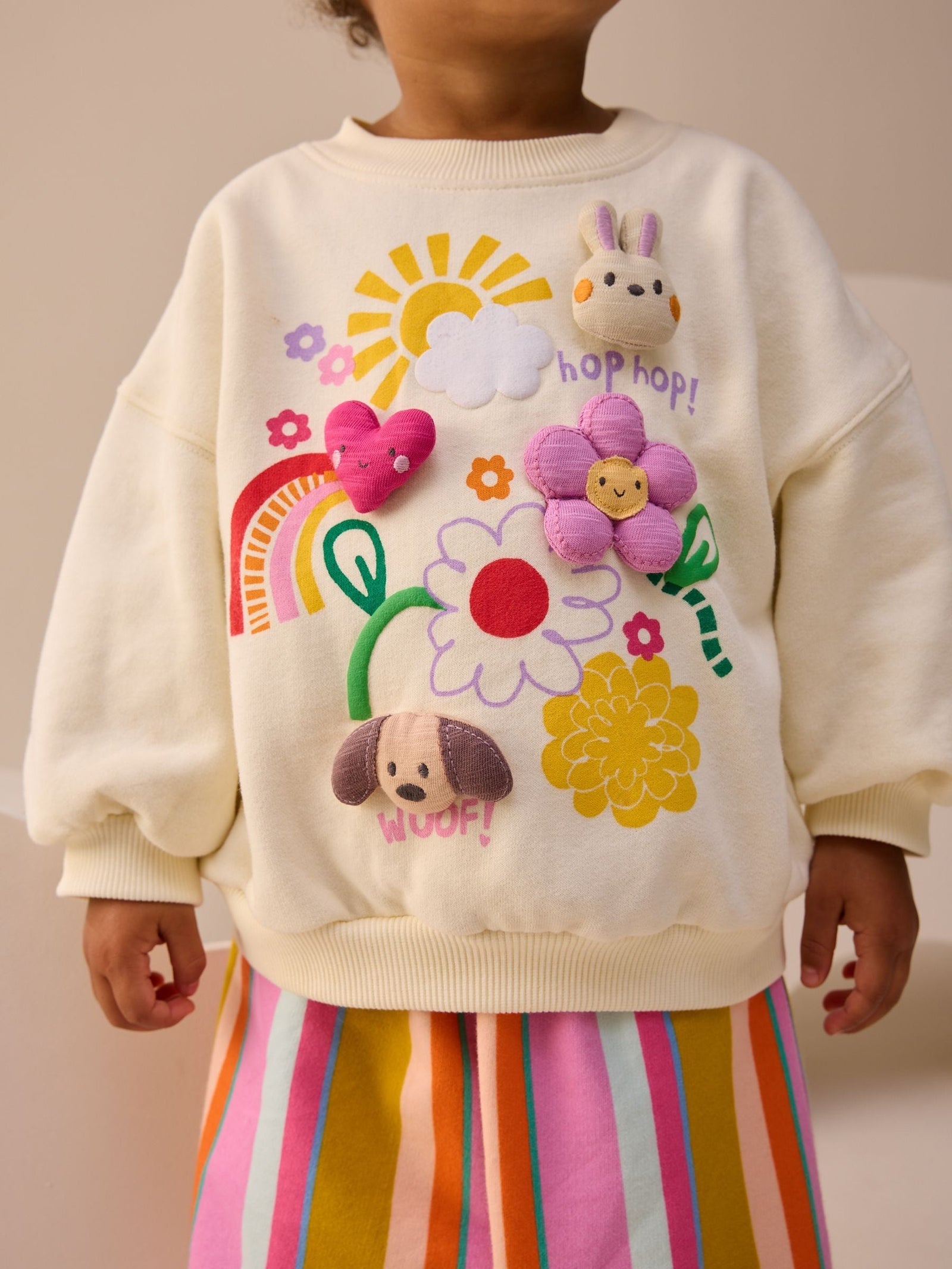 Cream Stripe Padded Characters Sweatshirt and Barrel Leg Joggers Set (3mths-7yrs)