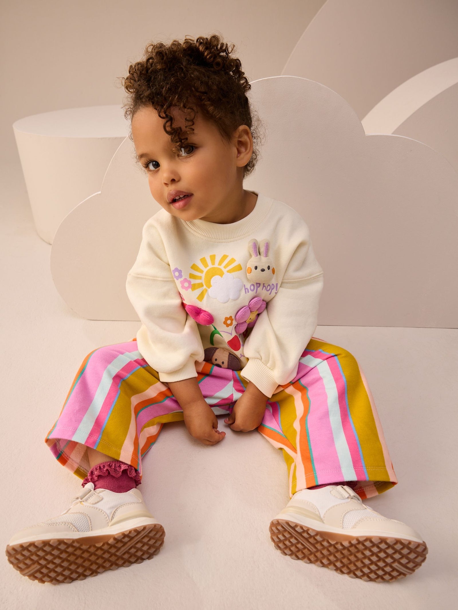Cream Stripe Padded Characters Sweatshirt and Barrel Leg Joggers Set (3mths-7yrs)