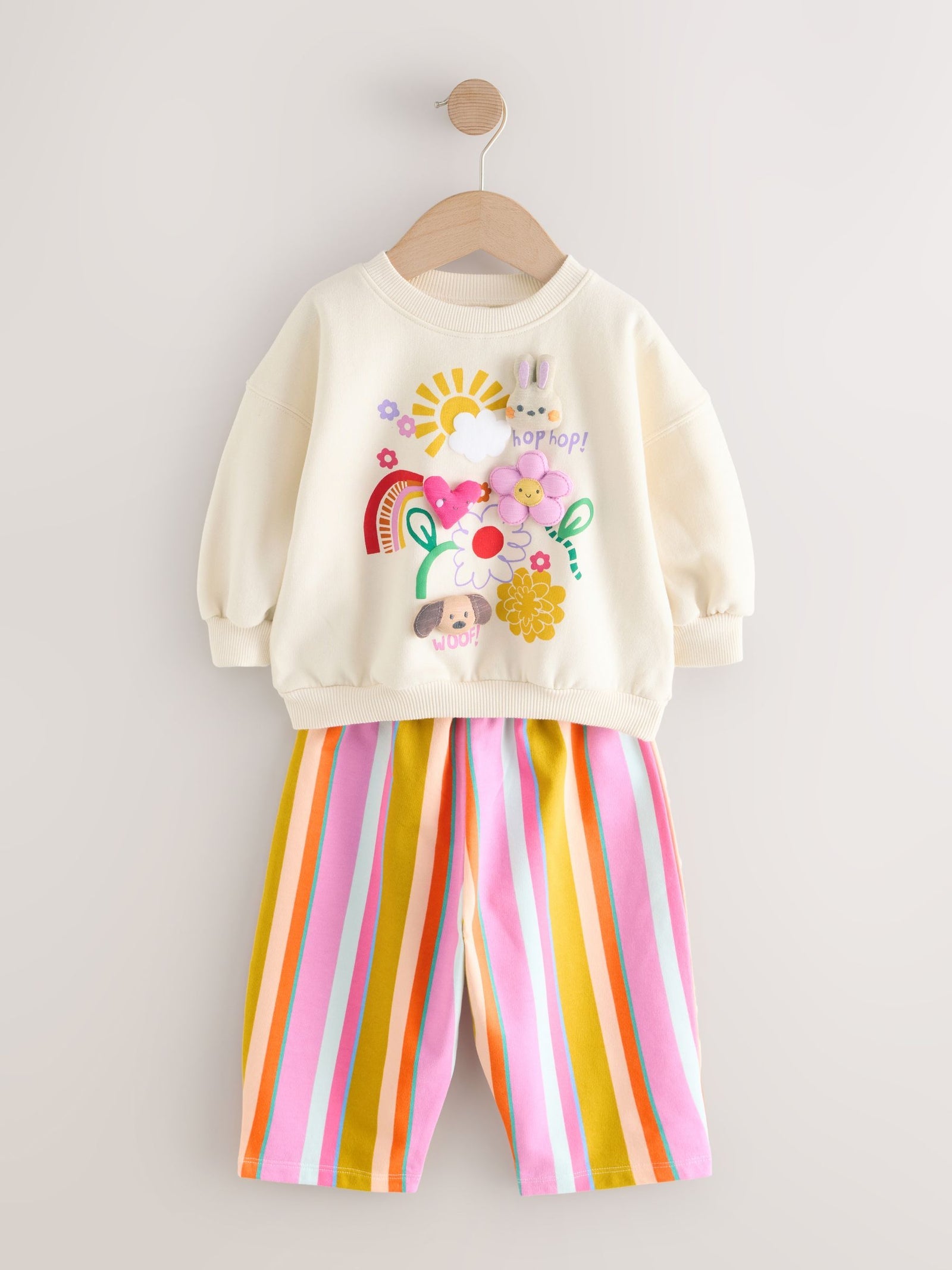 Cream Stripe Padded Characters Sweatshirt and Barrel Leg Joggers Set (3mths-7yrs)
