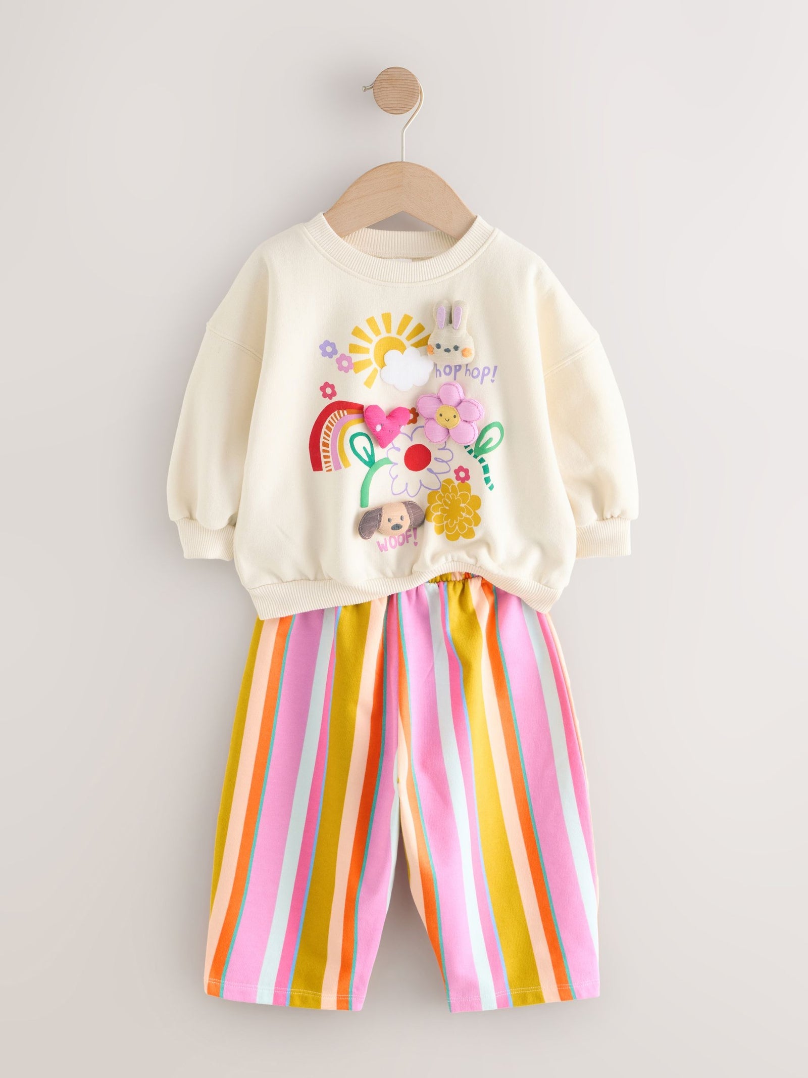 Cream Stripe Padded Characters Sweatshirt and Barrel Leg Joggers Set (3mths-7yrs)