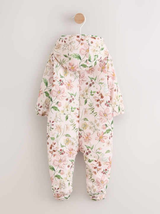 Pink Floral All-Over Printed Double Zip Baby Hooded Pramsuit (0mths-2yrs)