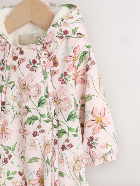 Pink Floral All-Over Printed Double Zip Baby Hooded Pramsuit (0mths-2yrs)