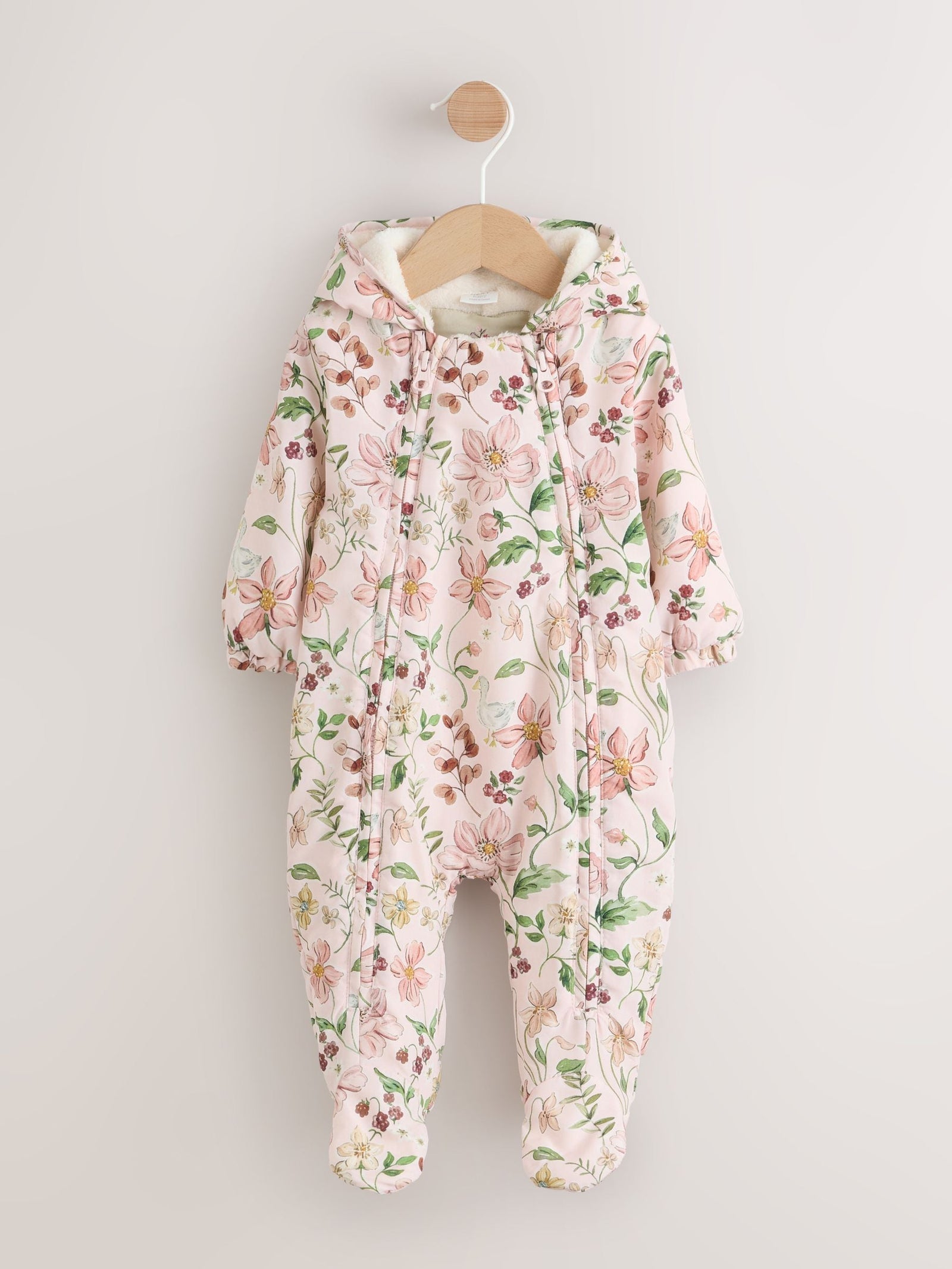 Pink Floral All-Over Printed Double Zip Baby Hooded Pramsuit (0mths-2yrs)