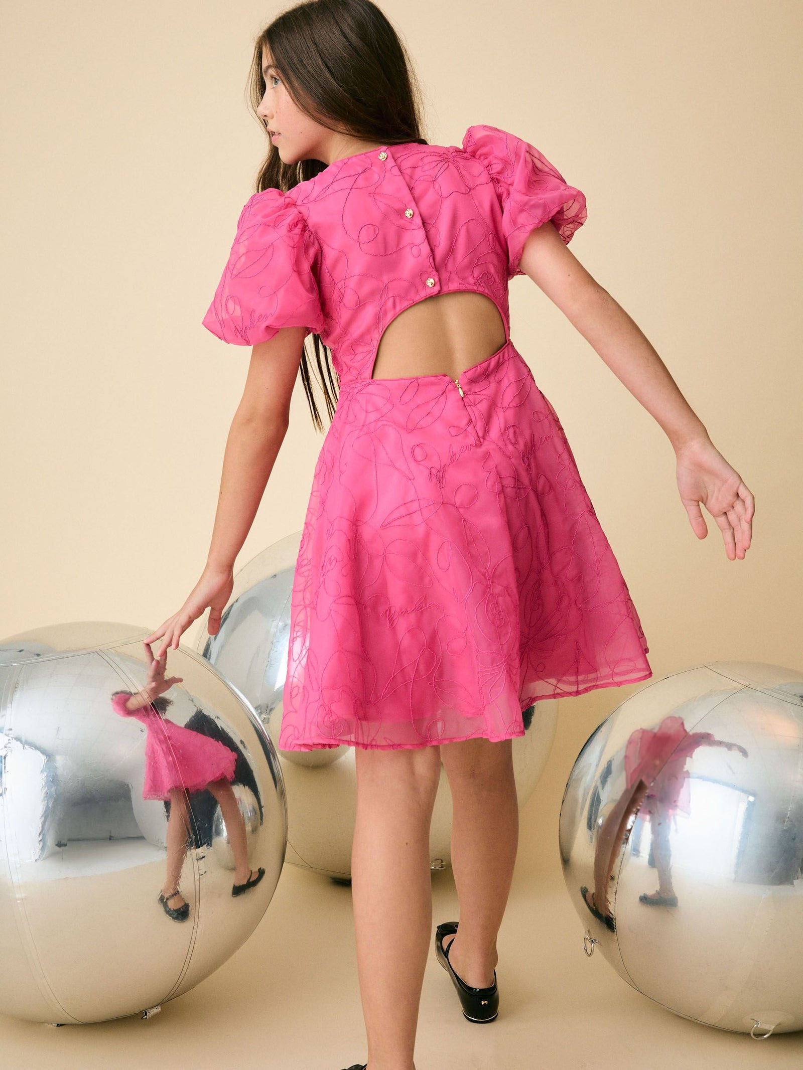 Baker by Ted Baker Pink Organza Cord Puff Sleeve Occasion Dress & Scrunchie Set