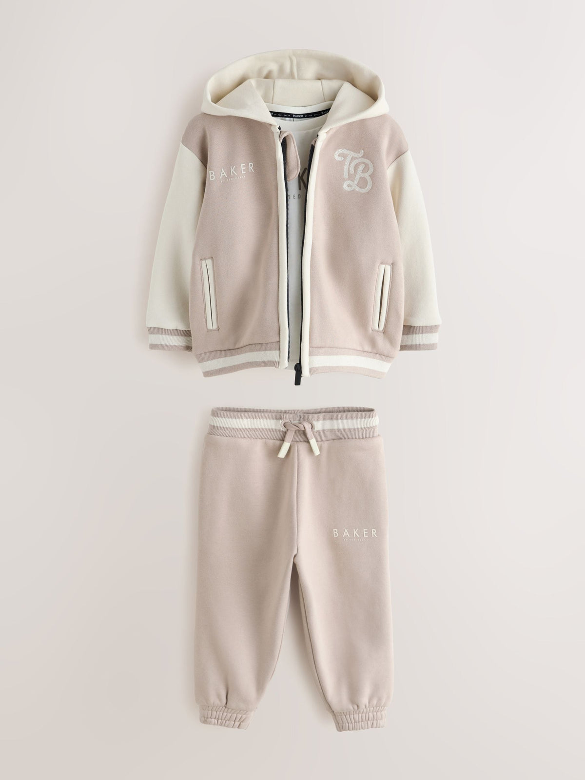 Baker by Ted Baker Stone 3 Piece Varsity Hoodie T-Shirt and Joggers Set