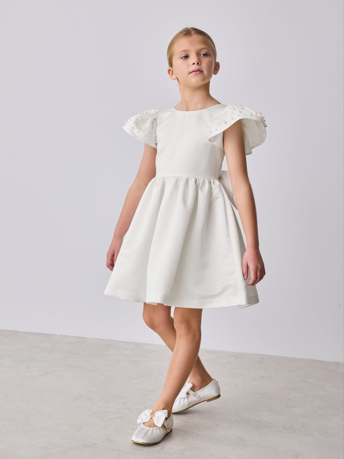 Baker by Ted Baker White Pearl Sleeve Satin Occasion Dress & Scrunchie