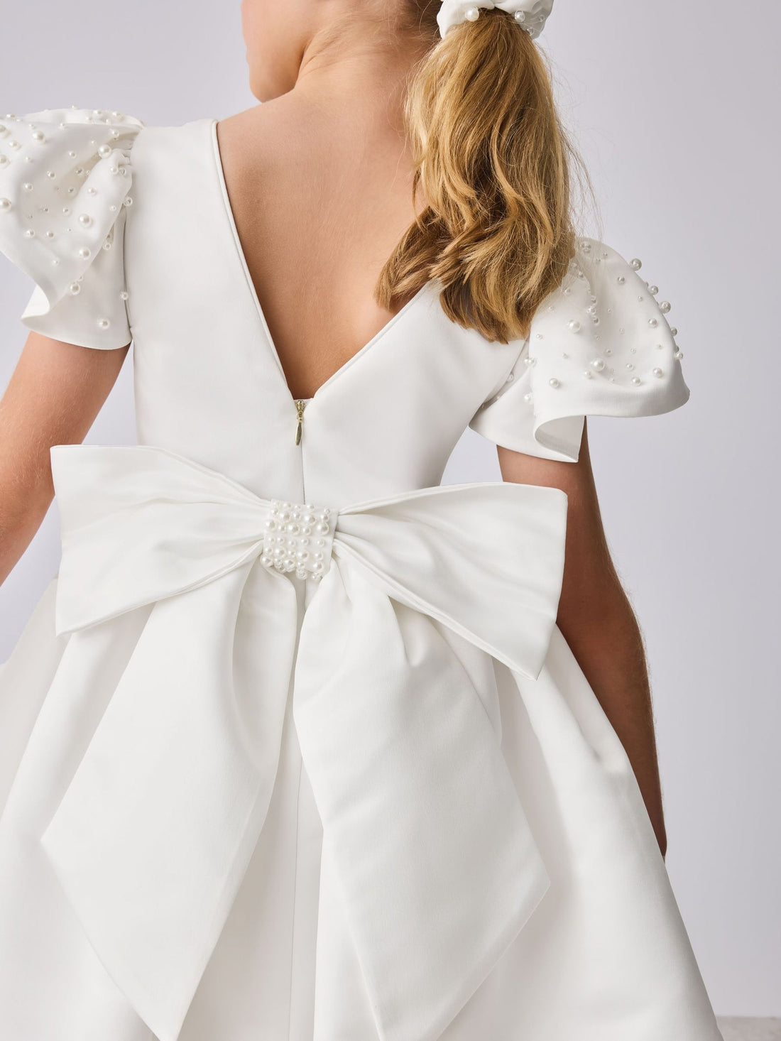 Baker by Ted Baker White Pearl Sleeve Satin Occasion Dress & Scrunchie