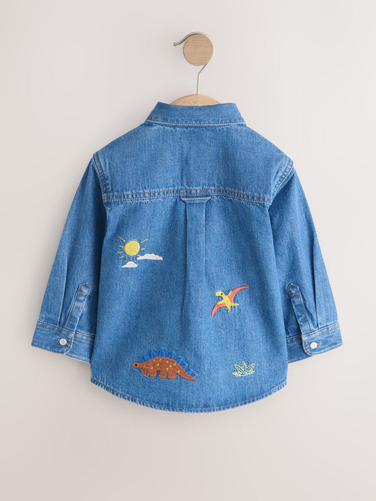 Blue Dino Embroidery Long Sleeve Denim Shirt (3mths-7yrs)