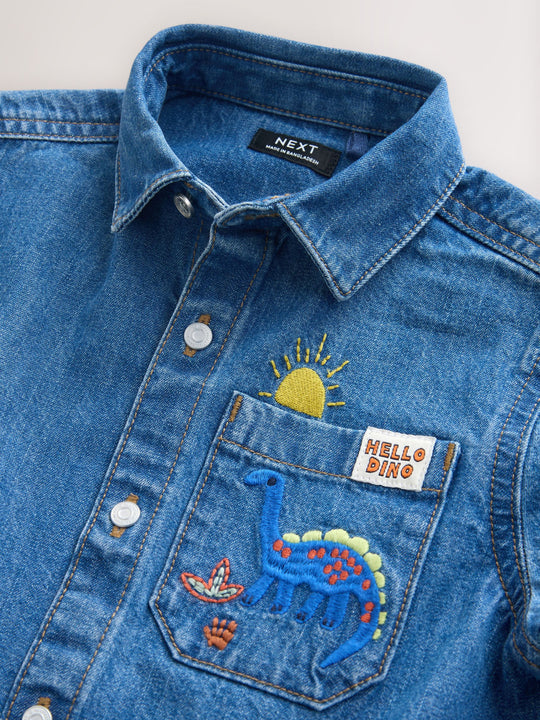Blue Dino Embroidery Long Sleeve Denim Shirt (3mths-7yrs)