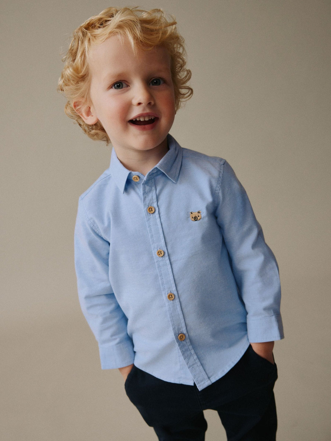 Mid Blue Character Long Sleeve Oxford Shirt (3mths-7yrs)