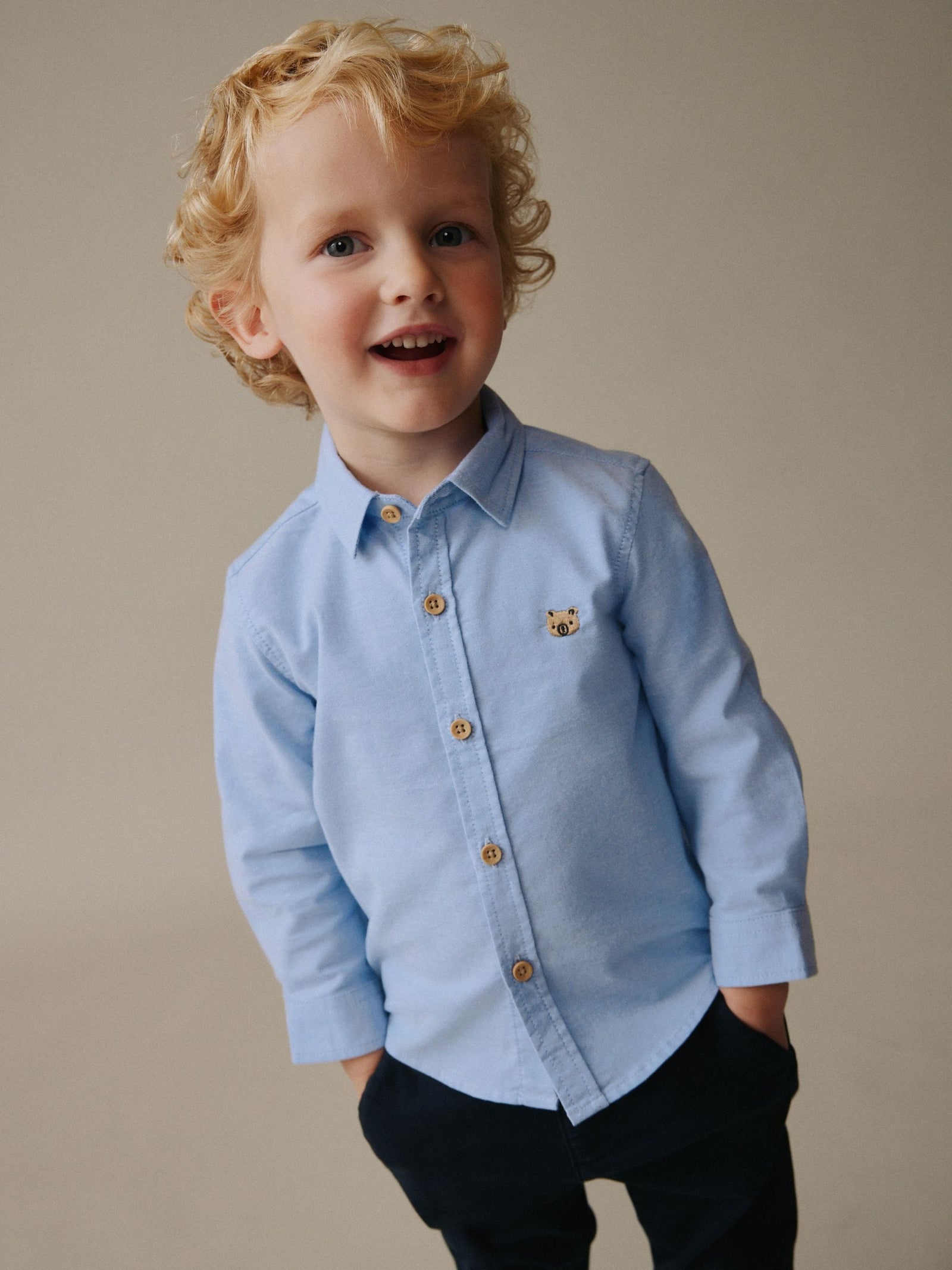 Mid Blue Character Long Sleeve Oxford Shirt (3mths-7yrs)
