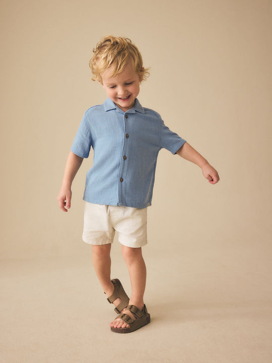 Blue Short Sleeves Linen Blend Revere Collar Shirt (3mths-7yrs)