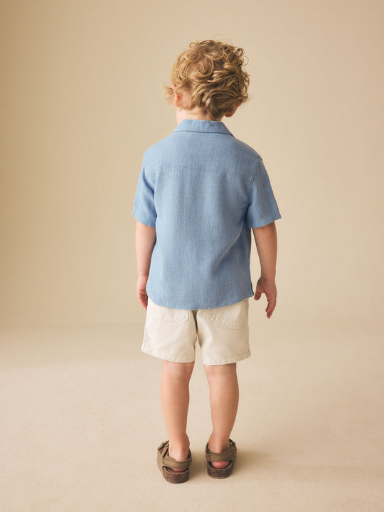Blue Short Sleeves Linen Blend Revere Collar Shirt (3mths-7yrs)