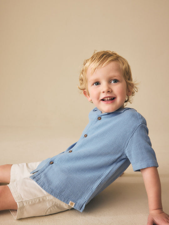 Blue Short Sleeves Linen Blend Revere Collar Shirt (3mths-7yrs)
