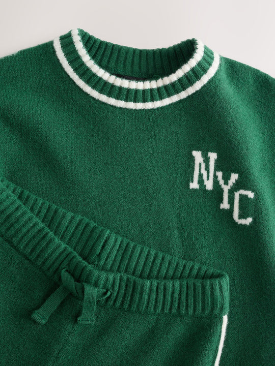 Dark Green NYC Knitted Crew Neck Jumper and Joggers Set (3mths-7yrs)