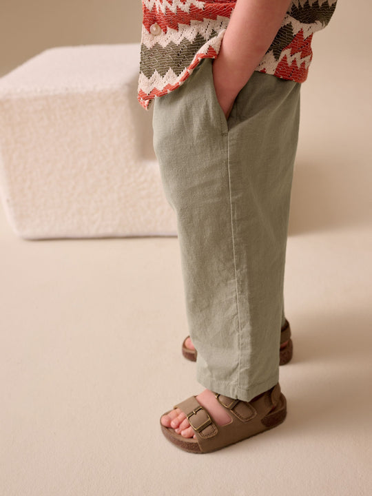 Sage Green Wide Fit Linen Blend Pull on Trousers (3mths-7yrs)