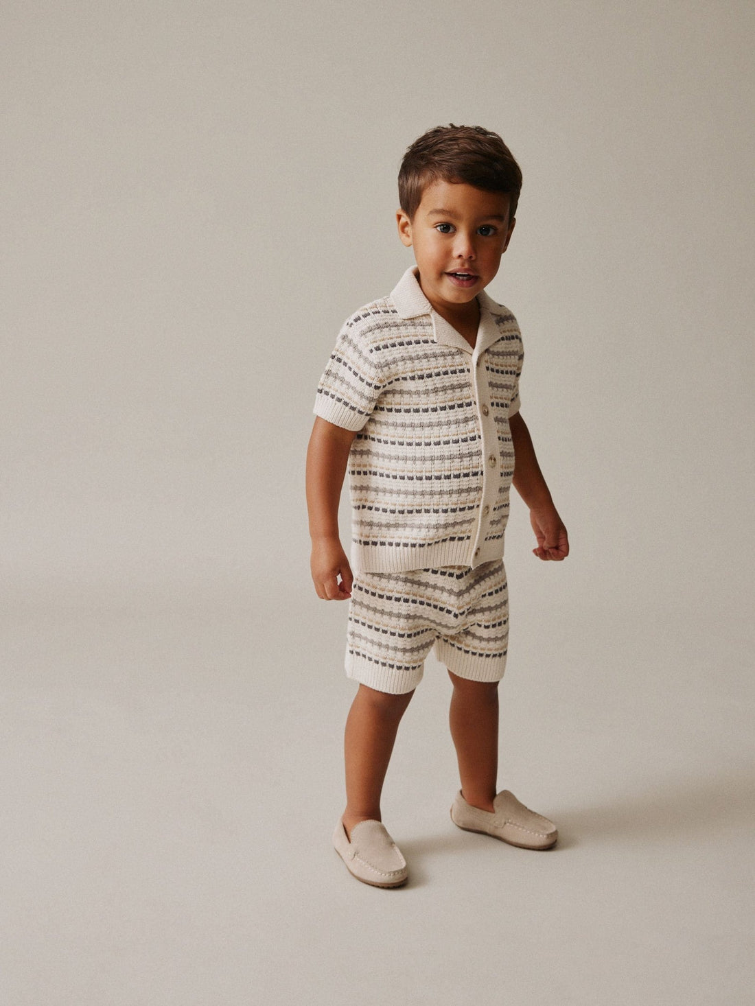Neutral Textured Revere Collar Knitted Polo Shirt and Shorts Set (3mths-10yrs)