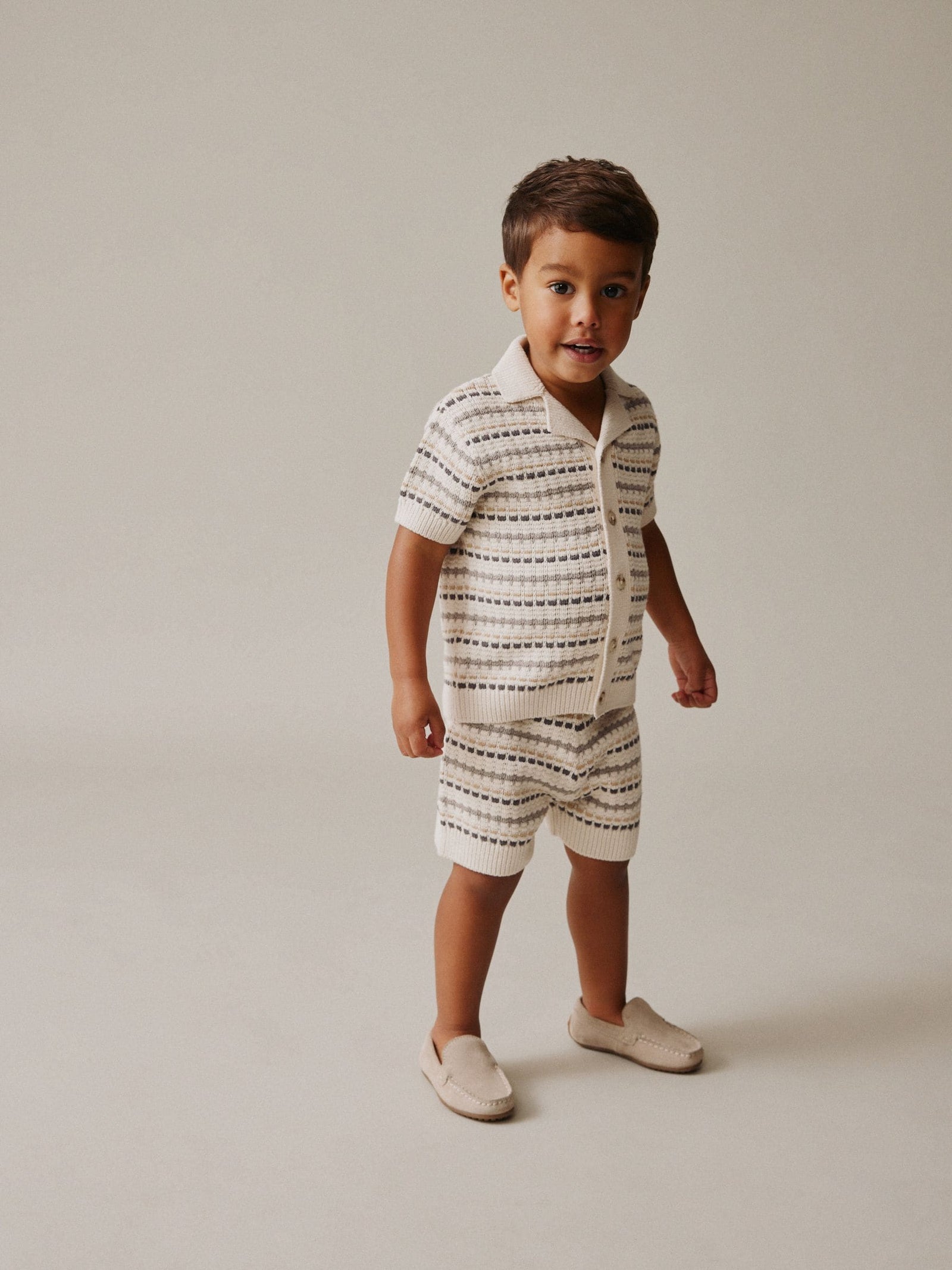 Neutral Textured Revere Collar Knitted Polo Shirt and Shorts Set (3mths-10yrs)