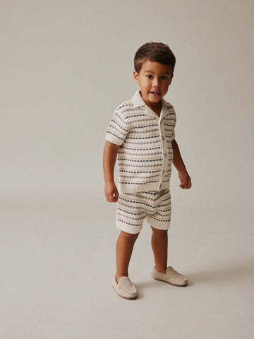 Neutral Textured Revere Collar Knitted Polo Shirt and Shorts Set (3mths-10yrs)