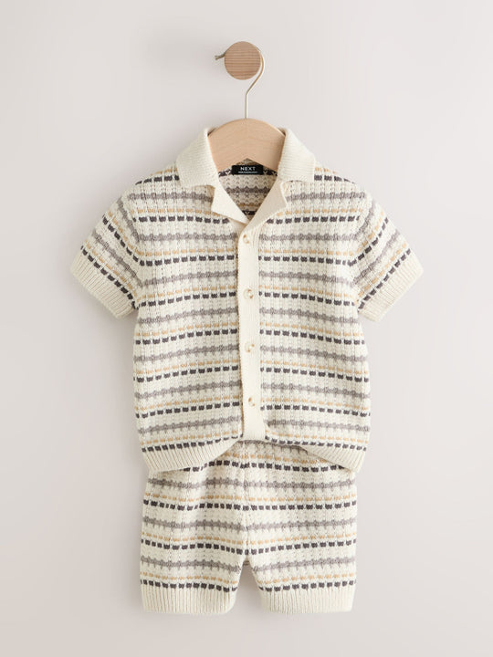 Neutral Textured Revere Collar Knitted Polo Shirt and Shorts Set (3mths-10yrs)