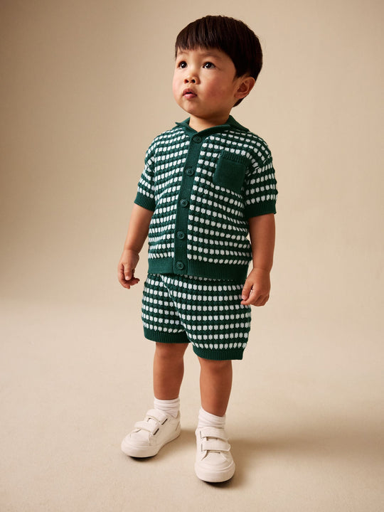 Green Textured Knitted Polo Shirt and Shorts Set (3mths-10yrs)