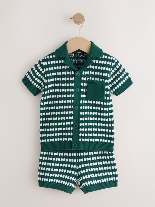 Green Textured Knitted Polo Shirt and Shorts Set (3mths-10yrs)