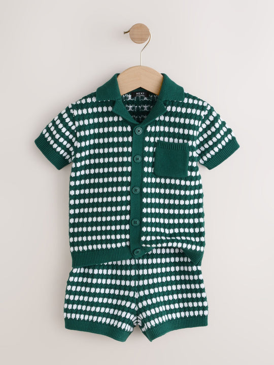 Green Textured Knitted Polo Shirt and Shorts Set (3mths-10yrs)