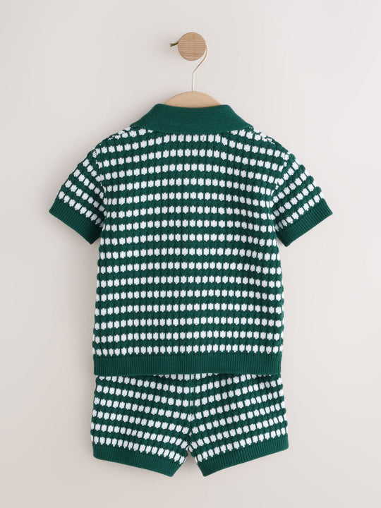 Green Textured Knitted Polo Shirt and Shorts Set (3mths-10yrs)
