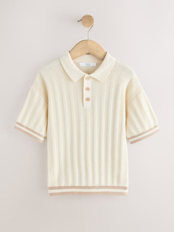 Ecru Button Neck Knitted Polo Shirt (3-16yrs)