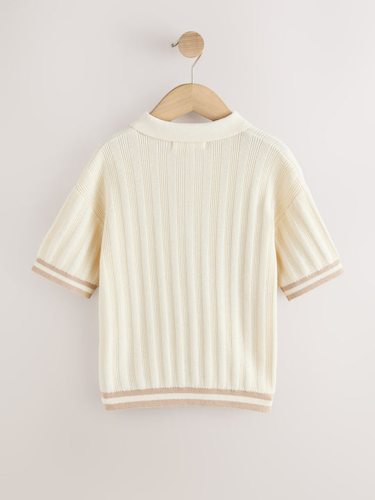 Ecru Button Neck Knitted Polo Shirt (3-16yrs)