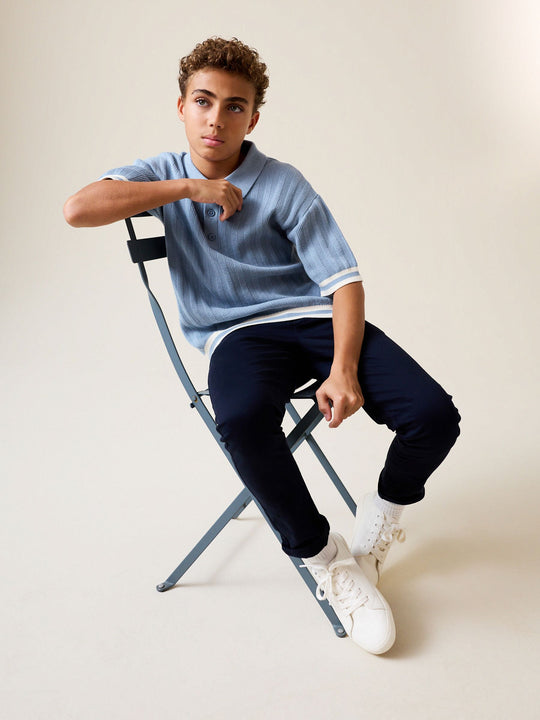 Blue Button Neck Knitted Polo Shirt (3-16yrs)