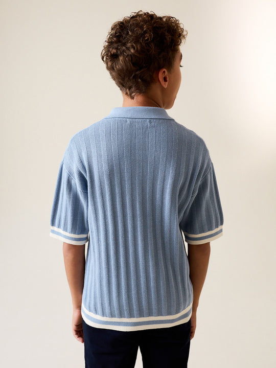 Blue Button Neck Knitted Polo Shirt (3-16yrs)