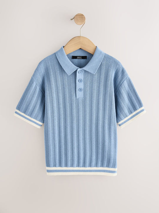 Blue Button Neck Knitted Polo Shirt (3-16yrs)