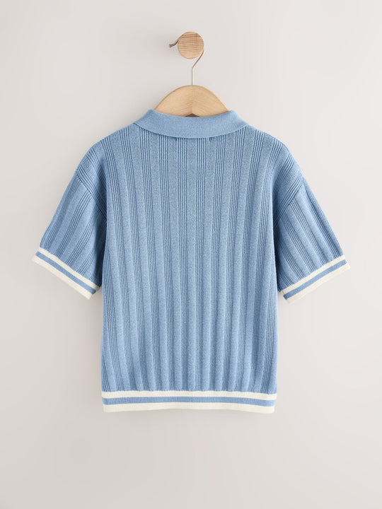 Blue Button Neck Knitted Polo Shirt (3-16yrs)