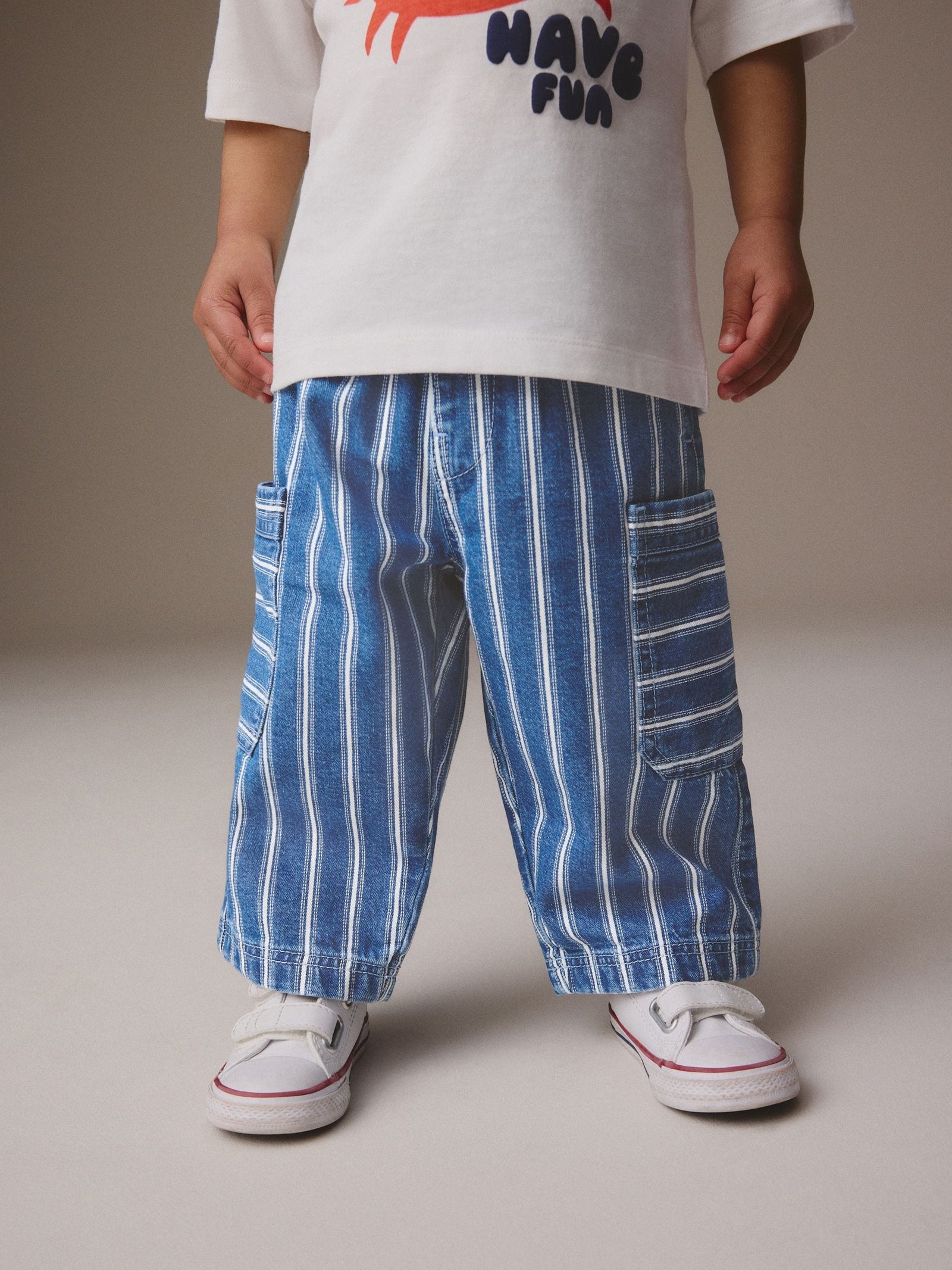 Mid Blue Stripe Wide Leg Pull On Cargo 100% Cotton Jeans (3mths-7yrs)