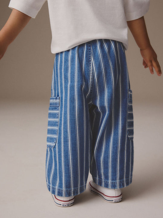 Mid Blue Stripe Wide Leg Pull On Cargo 100% Cotton Jeans (3mths-7yrs)